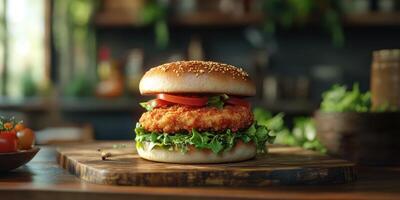Freshly made crispy chicken sandwich with lettuce and tomato in a rustic kitchen setting photo