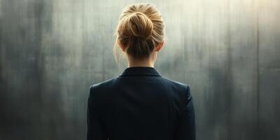 Businesswoman stands confidently before abstract wall in a modern office setting during the early morning hours photo