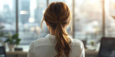 Woman in a white shirt gazes out of an office window at a city skyline during sunset photo