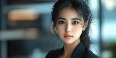 Elegant young woman in a modern indoor setting with natural lighting and soft focus background photo