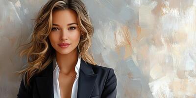 Confident young woman in tailored blazer poses elegantly against a textured background in a well-lit studio photo