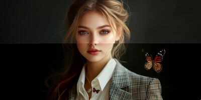 Elegant woman in a plaid suit with butterflies against a dark background in a studio setting photo