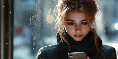 Young woman looking at smartphone while standing near a window on a cold day with snowflakes visible outside photo