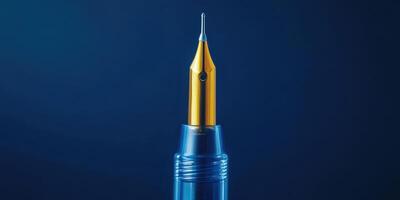 Fine fountain pen poised on a dark blue background showcasing its golden nib and polished body photo