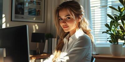 Young woman working at a computer, enjoying soft sunlight in a cozy office environment photo