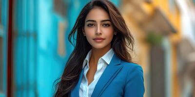 Professional woman in a blue suit poses confidently in a vibrant urban setting with colorful buildings photo