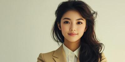 Confident young woman in a professional blazer showcasing a modern style against a neutral background photo