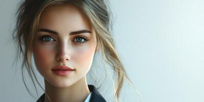 Portrait of a young woman with captivating eyes and soft features in natural light photo