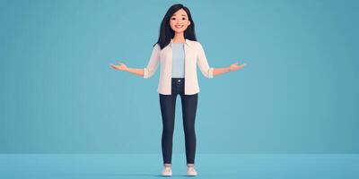 Animated character with an inviting expression standing on a blue background during a cheerful presentation photo