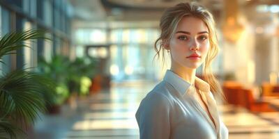Woman in a modern office space with natural light highlighting her features photo