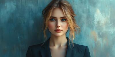 Portrait of a woman with striking blue eyes standing against a textured blue wall during daylight photo