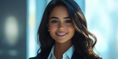 Confident professional woman smiles warmly in a modern office setting during a sunny afternoon photo