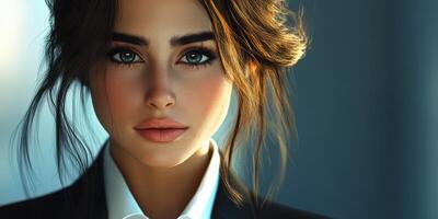 Beautiful woman with striking features wearing a black suit against a softly lit background photo