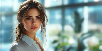 Young woman with long hair poses in a bright, modern indoor space with plants and natural light during daytime photo
