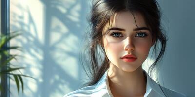 Young woman with captivating eyes sitting by a window, enjoying natural light and serenity in a modern setting photo