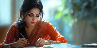 Young woman writes in a notebook while sitting at a table in a bright room with plants in the background photo
