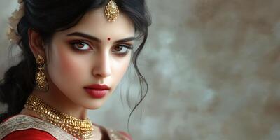 Elegant woman adorned in traditional attire with intricate jewelry in soft lighting photo