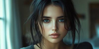 Young woman with striking blue eyes gazing thoughtfully near window in cozy indoor setting during afternoon photo