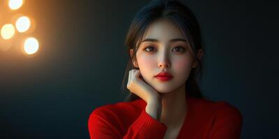 Portrait of a young woman in a red sweater with soft lighting and a thoughtful expression in an intimate setting photo