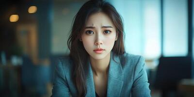 Woman sitting at a table in a modern office, looking thoughtful and serious during a late afternoon meeting photo