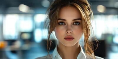 Young woman with long hair and captivating eyes in a modern office setting during daytime photo