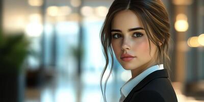 Young professional woman in modern office environment looking confident and poised photo