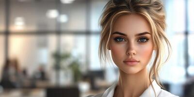 Portrait of a young woman with stunning features in a modern office environment during daylight photo