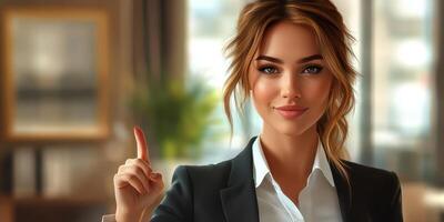 Professional woman gestures confidently in a modern office setting during the daytime photo