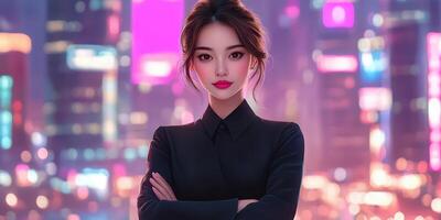 Young businesswoman standing confidently in a vibrant city setting at night with colorful lights illuminating the background photo