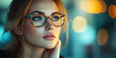 Stylish young woman with glasses gazes thoughtfully in a softly lit urban cafe setting photo