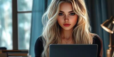 Young woman with long blonde hair working on a laptop in a cozy indoor setting with warm lighting photo