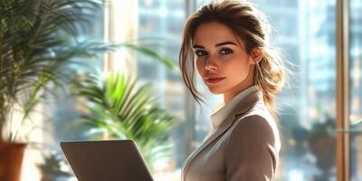 Young professional woman working on a laptop in a bright office with plants during the day photo