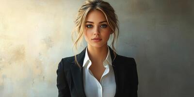 Professional woman in modern attire poses confidently against a neutral background photo