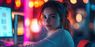 Young woman with glowing lights behind her gazing thoughtfully while working late at night in an illuminated workspace photo