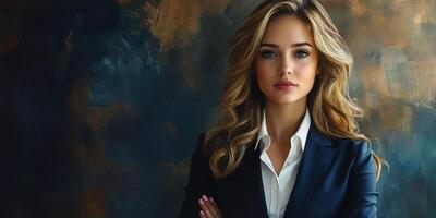 Confident woman in professional attire poses against a stylish, textured backdrop during a studio photoshoot photo