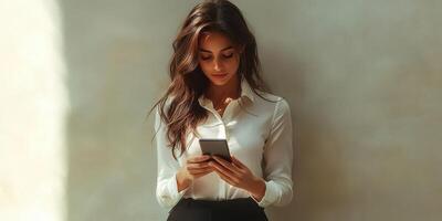 Woman using smartphone while standing against a bright wall in a stylish indoor setting during daylight hours photo