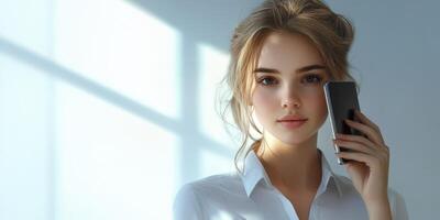 Young woman talking on smartphone in sunlit room with soft shadows photo