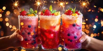 Brightly colored cocktails with sparklers at a festive gathering during nighttime celebration photo