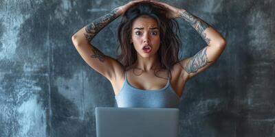 Young woman with tattoos shows frustration while working on laptop in a modern indoor setting during the day photo