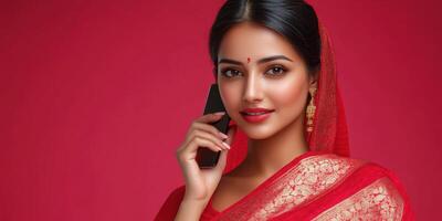 Young woman in traditional attire enjoying a phone call against a vibrant red background during a festive celebration photo