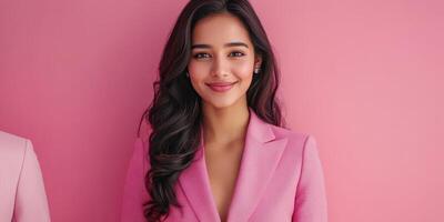 Stylish woman in a pink suit poses with an inviting smile against a vibrant pink background photo