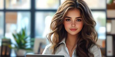 Young woman with long hair using a laptop in a bright, cozy cafe during the afternoon photo