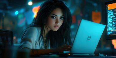 Young woman working on a laptop in a vibrant cyberpunk-style environment at night photo