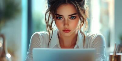 Young woman focused on her laptop while working in a modern indoor space with natural light photo