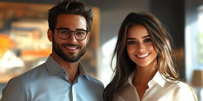 Smiling couple poses together in a cozy indoor setting during a sunny afternoon photo
