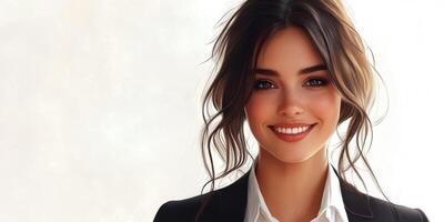 Smiling woman in formal attire with tousled hair shows confidence during a casual office setting in the morning light photo