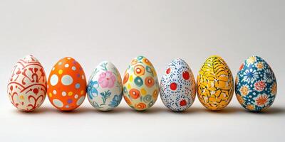 Colorful decorated eggs displayed in a row for a festive celebration or holiday gathering photo