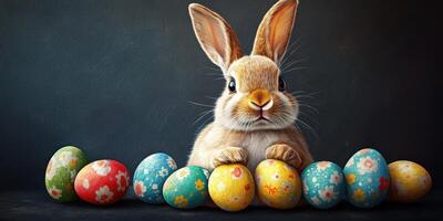 Cute bunny with colorful painted eggs in an artistic arrangement for spring celebration photo
