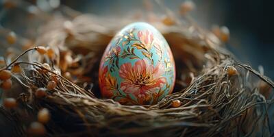 Beautifully decorated egg nestled in a natural nest with delicate floral patterns and warm colors photo