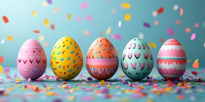 Colorful decorated eggs with confetti on a surface celebrating a festive occasion in springtime photo